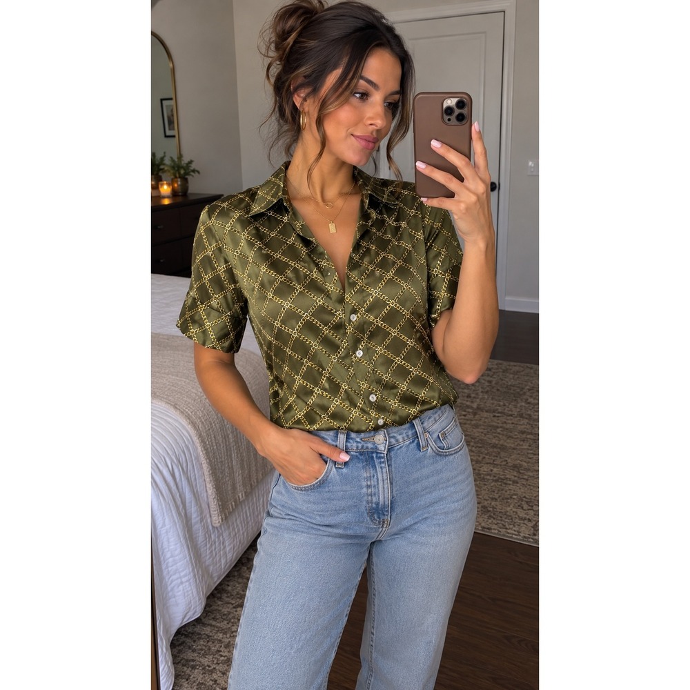 Michael Kors Olive Green Gold Chain Link Satin Short Sleeve Button Down Shirt M